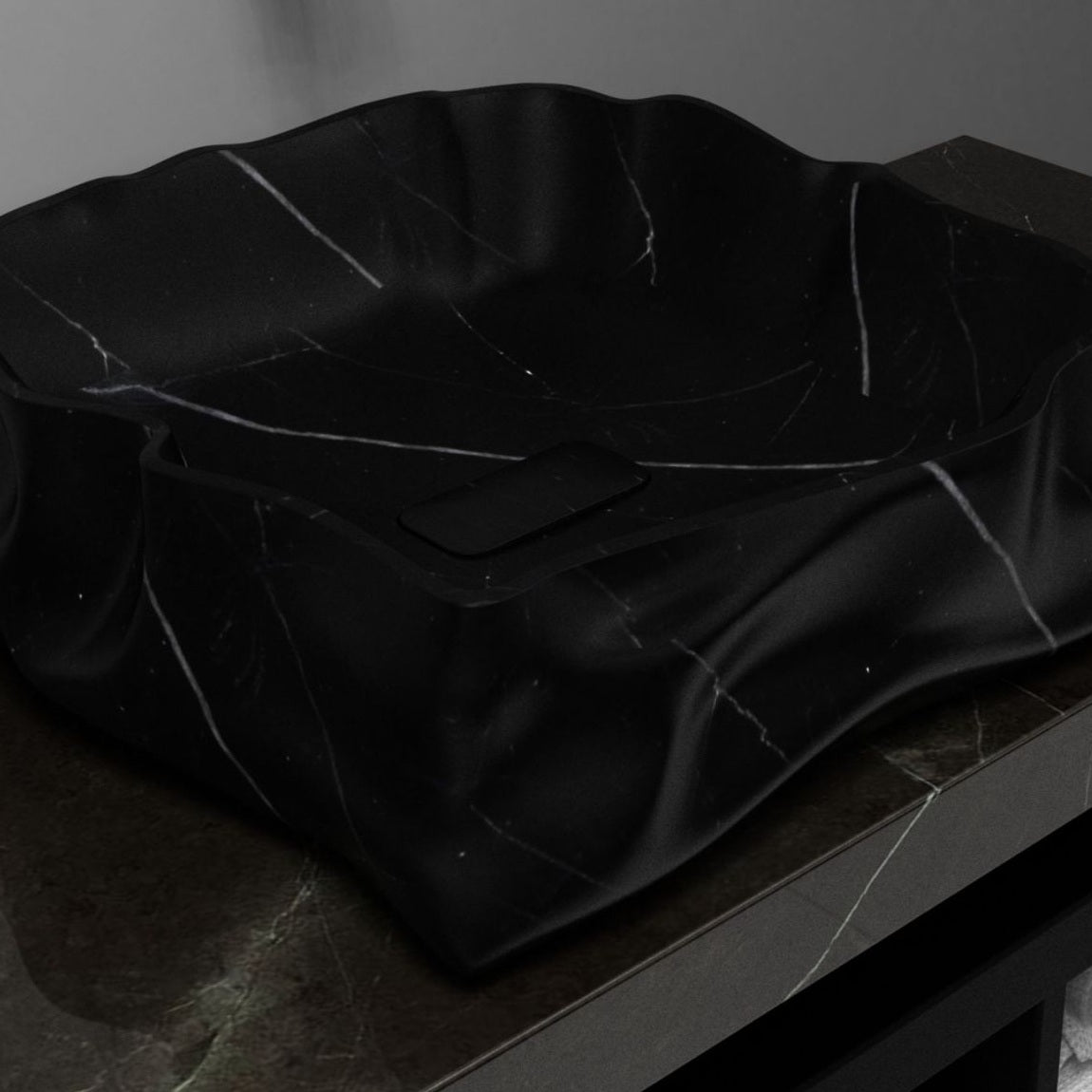 Srusti Portoro Marble Vessel Sink, interior, rim and material detail