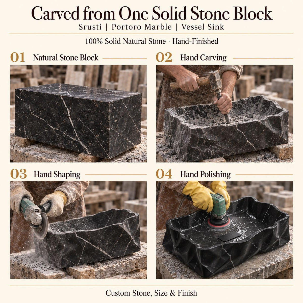 Srusti Portoro Marble Vessel Sink carved from one solid stone block, showing manual hammer-and-chisel carving, hand shaping and hand polishing; custom stone, size and finish.