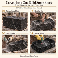 Srusti Portoro Marble Vessel Sink carved from one solid stone block, showing manual hammer-and-chisel carving, hand shaping and hand polishing; custom stone, size and finish.