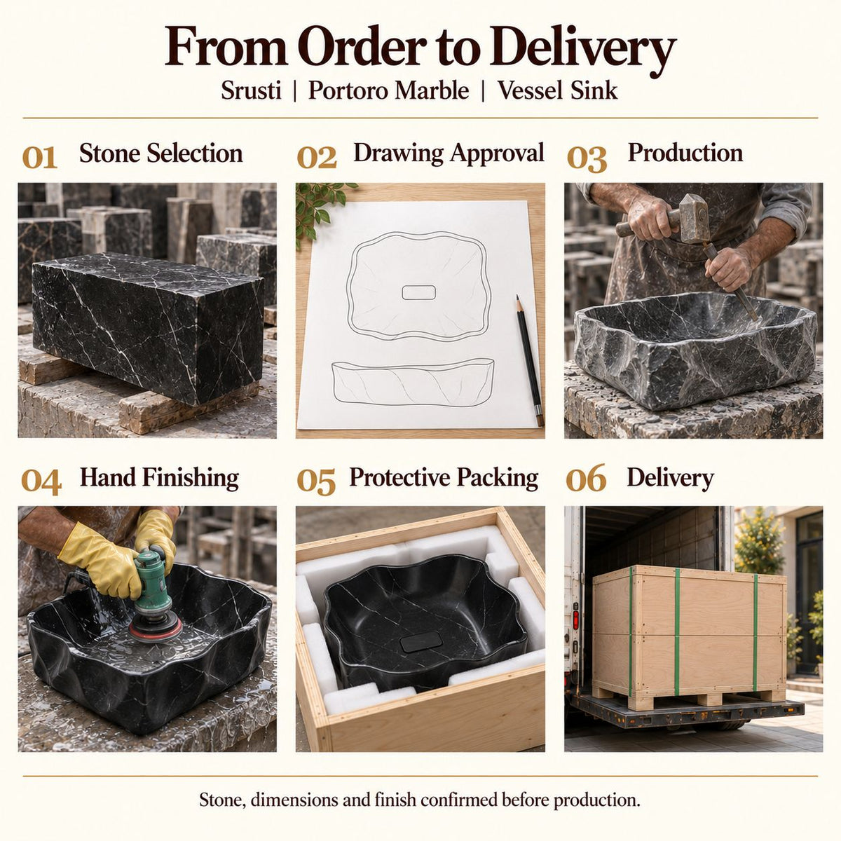 Srusti Portoro Marble Vessel Sink from order to delivery: material selection, drawing approval, production, hand finishing, protective foam packing in a plywood crate and delivery; specifications confirmed before production.