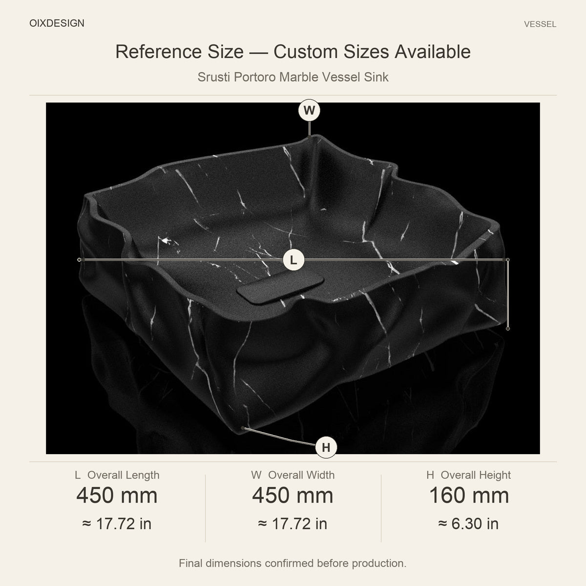 Srusti Portoro Marble Vessel Sink reference overall dimensions in millimeters and inches