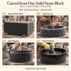Stacy Neroco Stone Vessel Sink carved from one solid stone block, showing manual hammer-and-chisel carving, hand shaping and hand polishing; custom stone, size and finish.