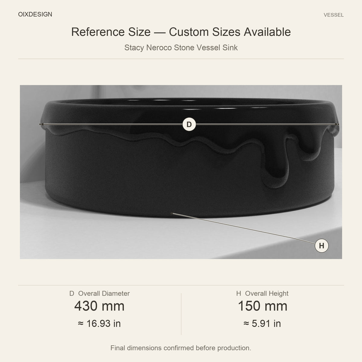 Stacy Neroco Stone Vessel Sink reference overall dimensions in millimeters and inches