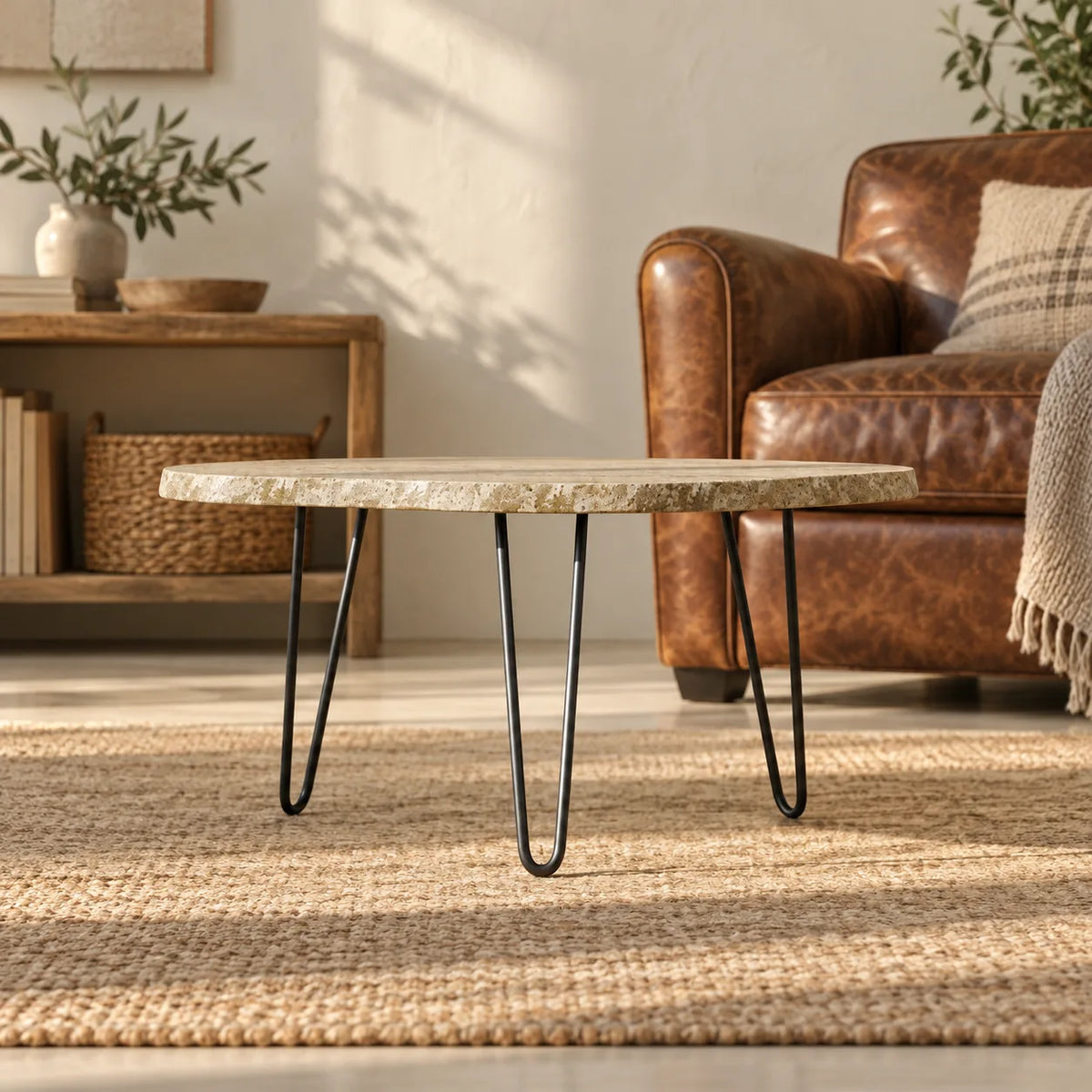 Oblique view of the StoneMist travertine and iron coffee table beside a reading chair.