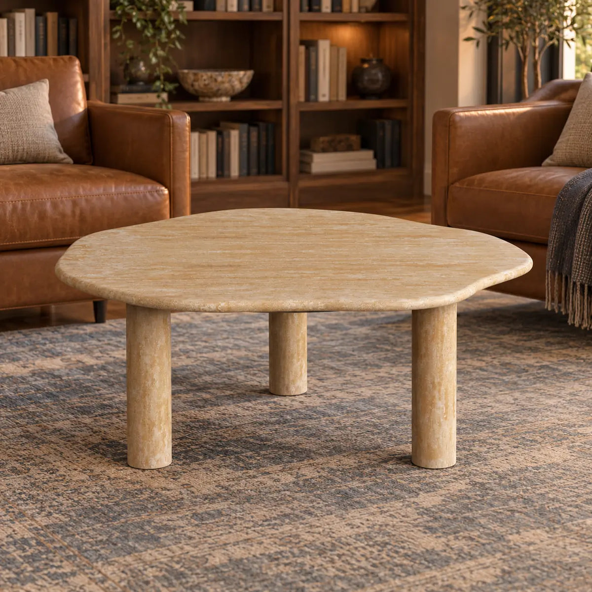 SunAura Classico travertine coffee table between leather chairs in a walnut library, shown from a moderately elevated front view