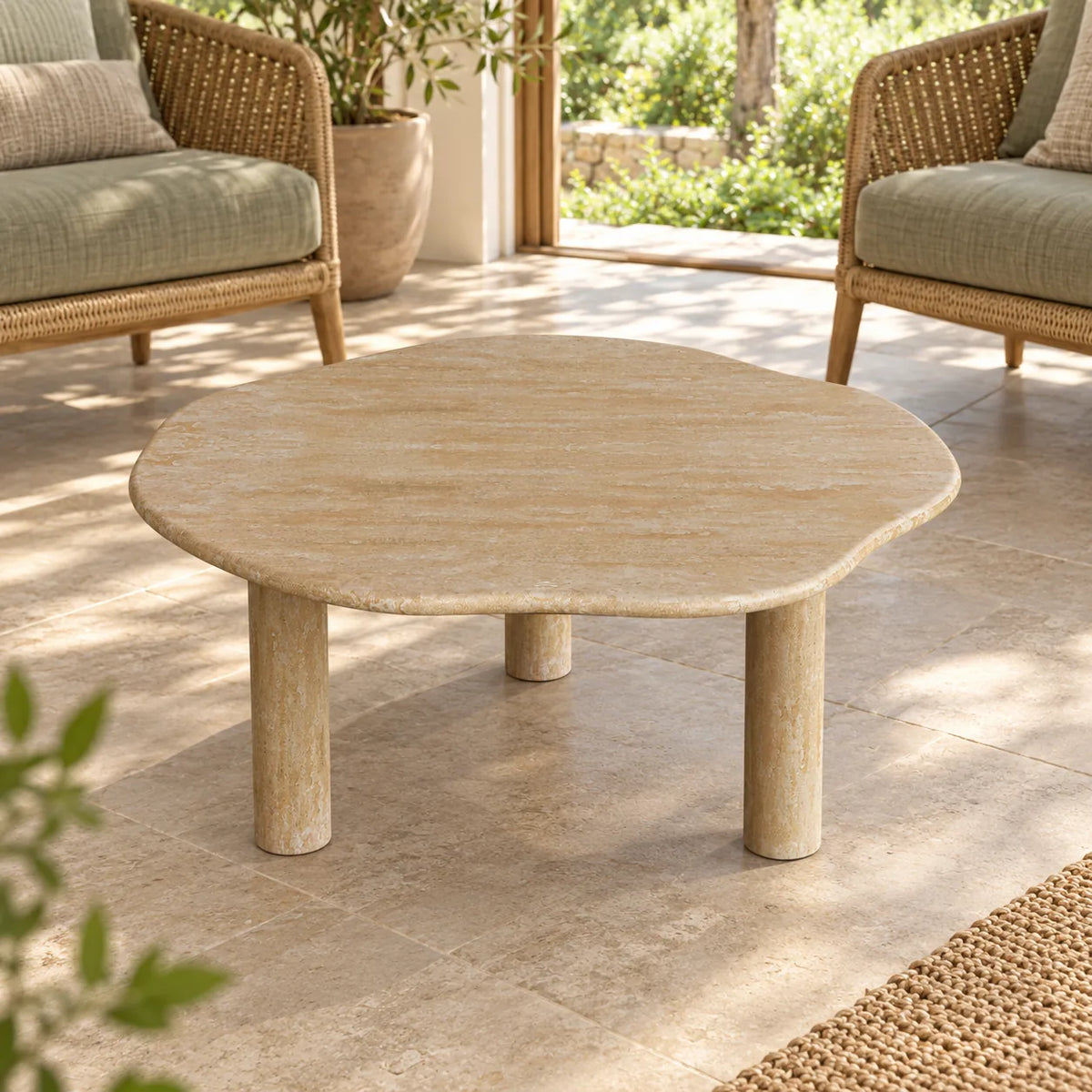 SunAura Classico travertine coffee table in a garden sunroom, shown from a high front view