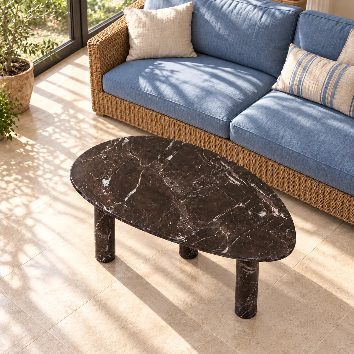 Elevated front-quarter view of a SwanEgg Dark Emperador marble coffee table with an oval top and three cylindrical legs in a garden-facing sunroom.