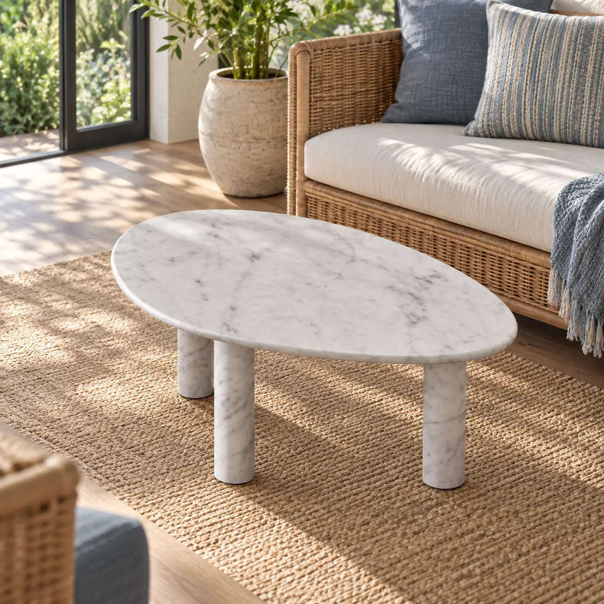 Elevated view of the SwanEgg Carrara marble coffee table in a garden-facing sunroom, showing the soft egg-shaped top and three cylindrical legs.