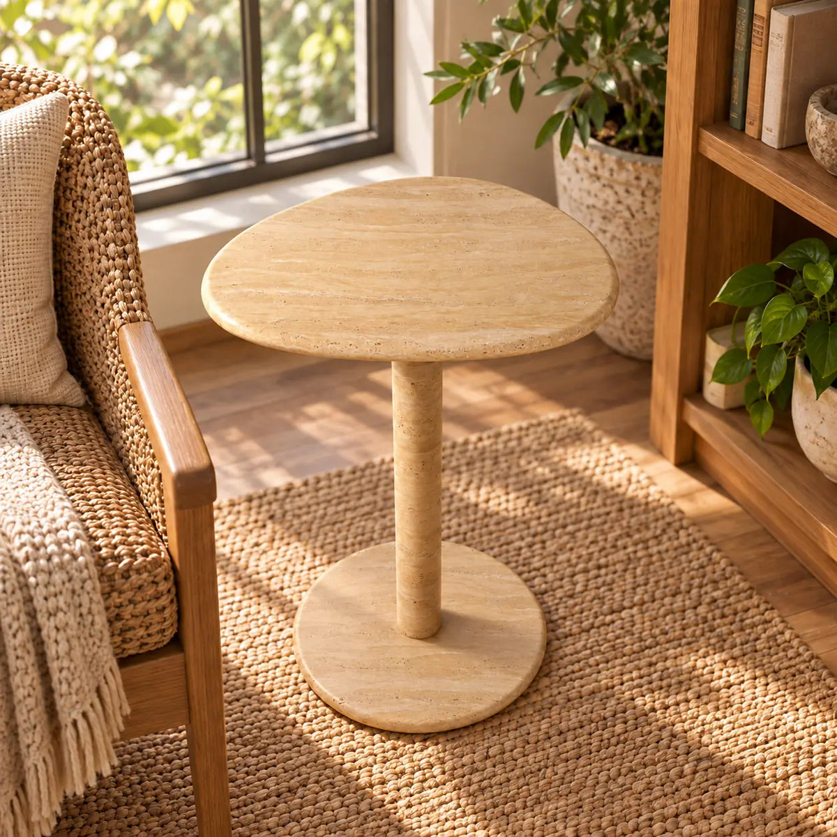 Elevated view of the SwanEgg travertine side table in a garden-window reading nook.