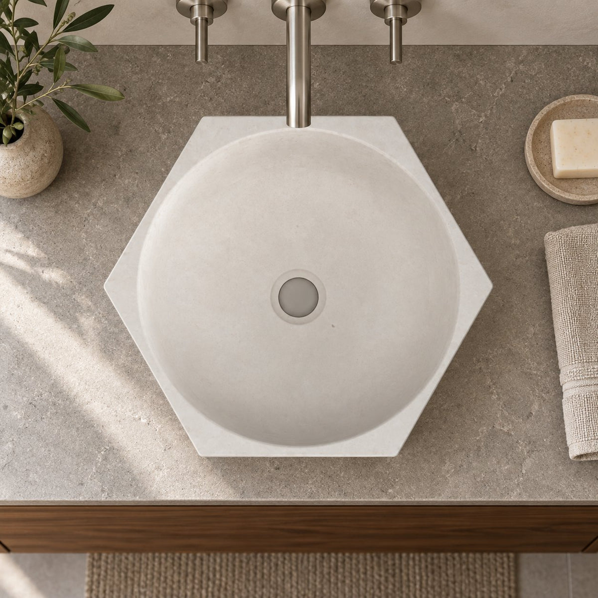 Syala Limestone Vessel Sink — overhead bathroom lifestyle