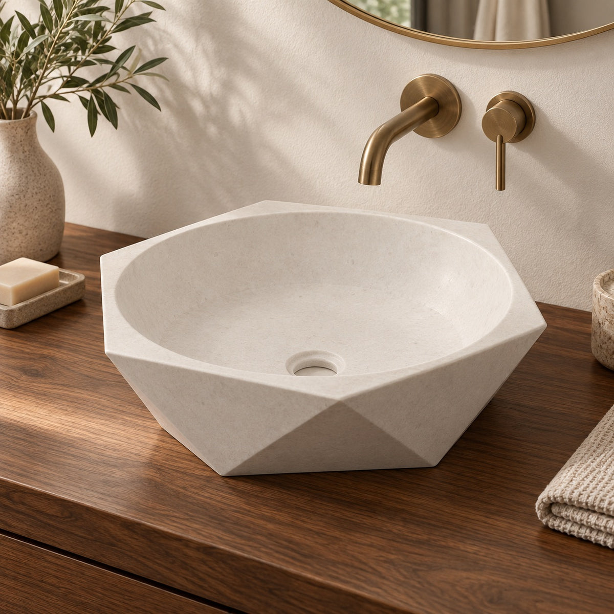 Syala Limestone Vessel Sink, second countertop lifestyle setting
