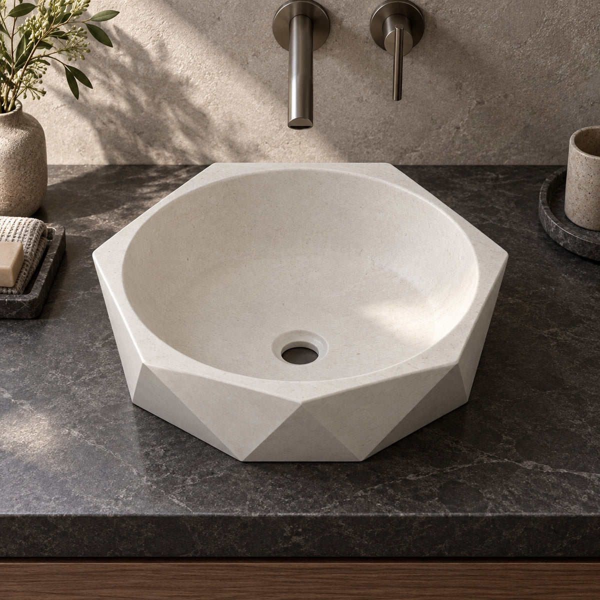 Syala Limestone Vessel Sink, alternate countertop lifestyle angle