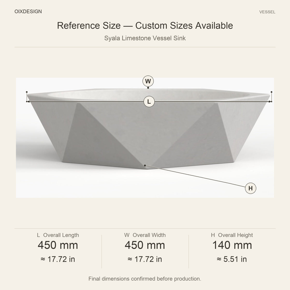 Syala Limestone Vessel Sink reference overall dimensions in millimeters and inches