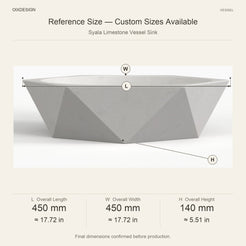 Syala Limestone Vessel Sink reference overall dimensions in millimeters and inches