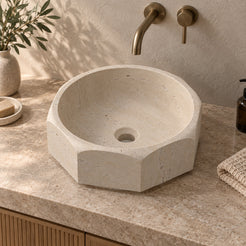 Sydney Travertino Bianc Vessel Sink, countertop hero lifestyle view