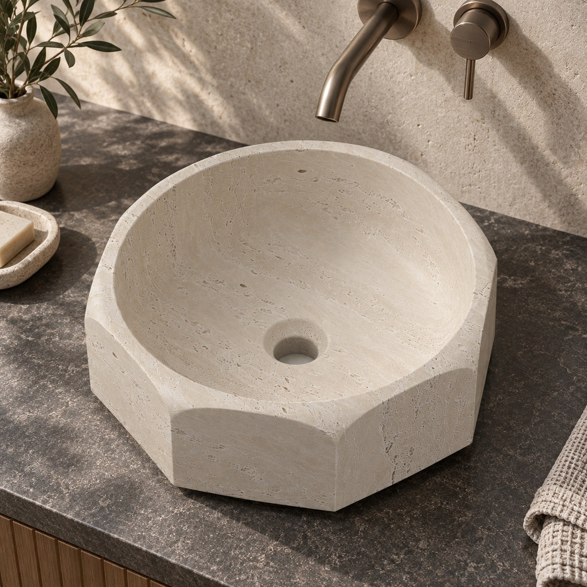 Sydney Travertino Bianc Vessel Sink, alternate countertop lifestyle angle