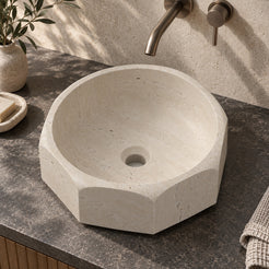Sydney Travertino Bianc Vessel Sink, alternate countertop lifestyle angle
