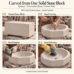 Sydney Travertino Bianc Vessel Sink carved from one solid stone block, showing manual hammer-and-chisel carving, hand shaping and hand polishing; custom stone, size and finish.