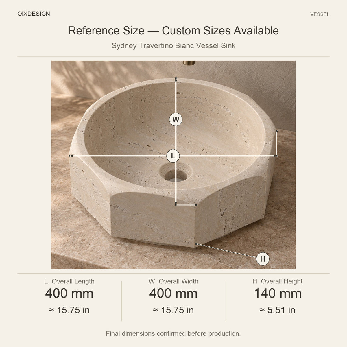 Sydney Travertino Bianc Vessel Sink reference overall dimensions in millimeters and inches