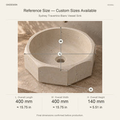 Sydney Travertino Bianc Vessel Sink reference overall dimensions in millimeters and inches