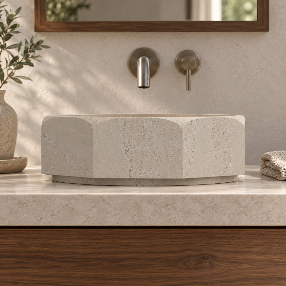 Sydney Travertino Bianc Vessel Sink — low frontal bathroom lifestyle