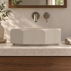 Sydney Travertino Bianc Vessel Sink — low frontal bathroom lifestyle