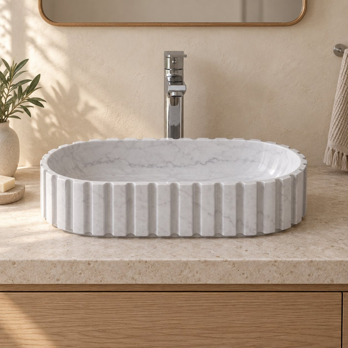 Sylvia Venice Marble Vessel Sink — low frontal bathroom lifestyle