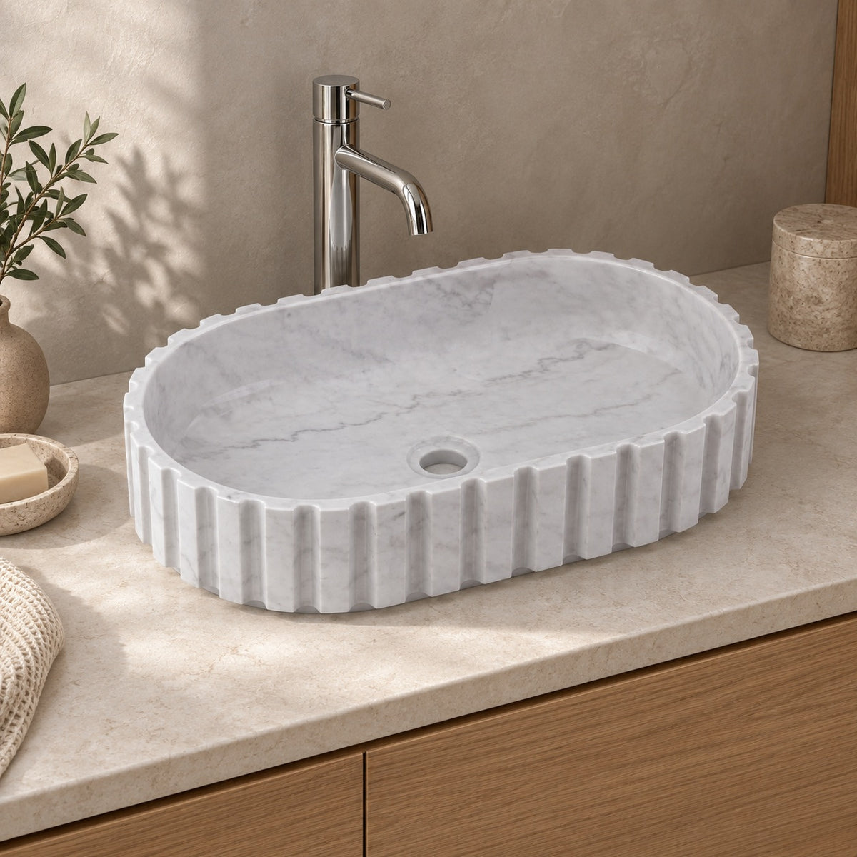 Sylvia Venice Marble Vessel Sink, countertop hero lifestyle view