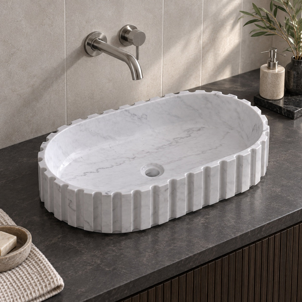 Sylvia Venice Marble Vessel Sink, second countertop lifestyle setting