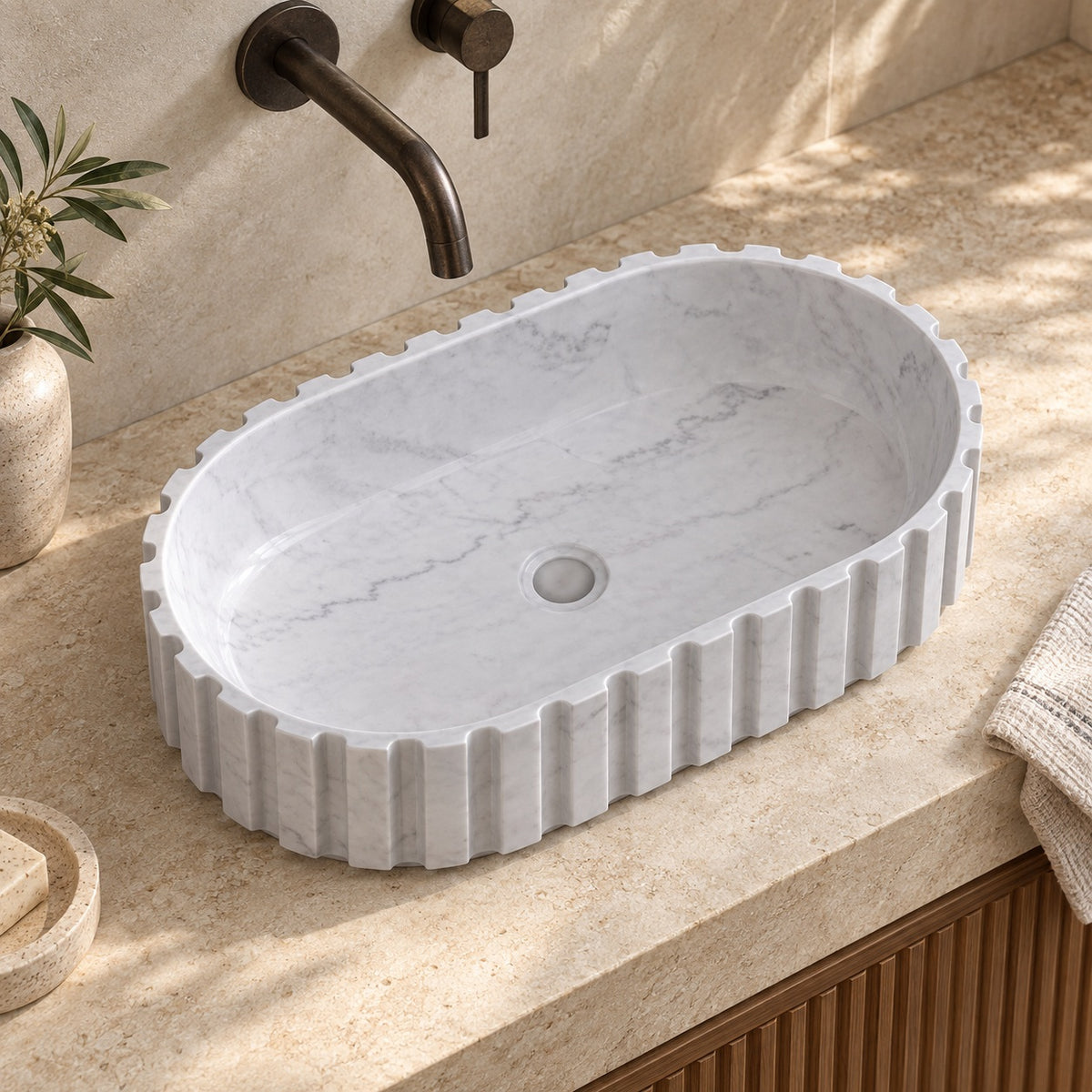 Sylvia Venice Marble Vessel Sink, alternate countertop lifestyle angle