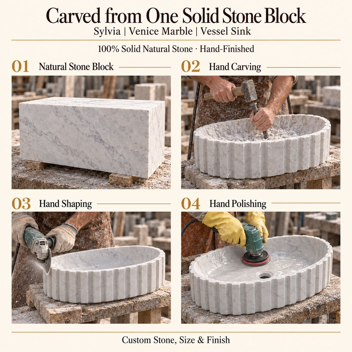 Sylvia Venice Marble Vessel Sink carved from one solid stone block, showing manual hammer-and-chisel carving, hand shaping and hand polishing; custom stone, size and finish.