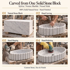 Sylvia Venice Marble Vessel Sink carved from one solid stone block, showing manual hammer-and-chisel carving, hand shaping and hand polishing; custom stone, size and finish.