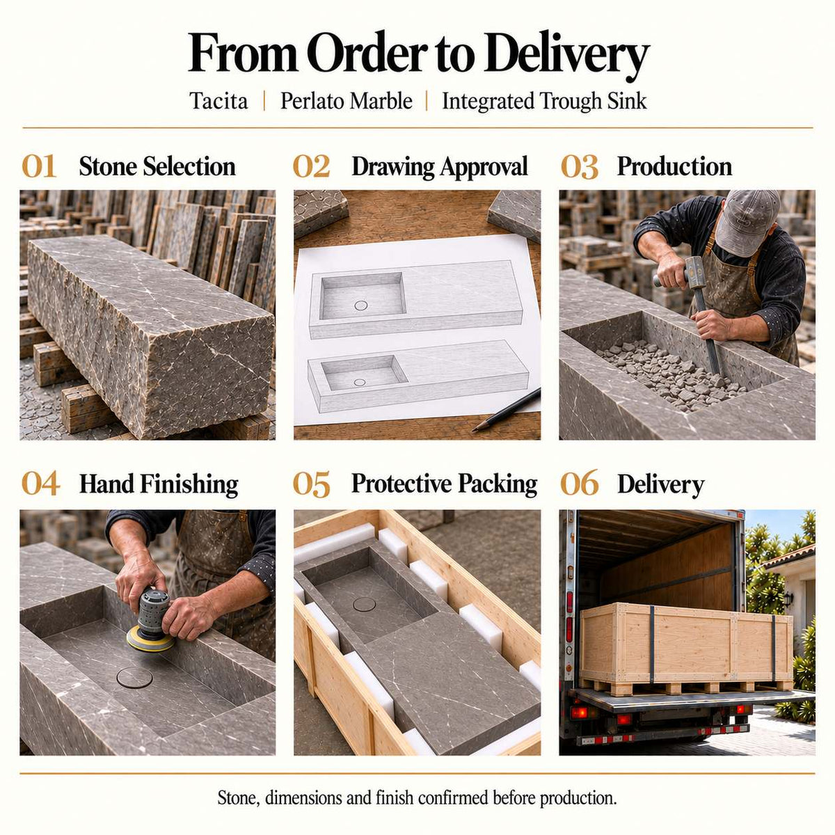 Tacita Perlato Marble integrated trough sink stone selection, drawing approval, manual carving, hand finishing, protective packing and delivery