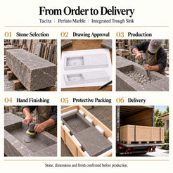 Tacita Perlato Marble integrated trough sink stone selection, drawing approval, manual carving, hand finishing, protective packing and delivery