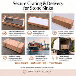 Long integrated stone sink with left rectangular bowl and right deck supported by fitted foam, foam top cover, optional carton and plywood crating for ocean freight and truck delivery