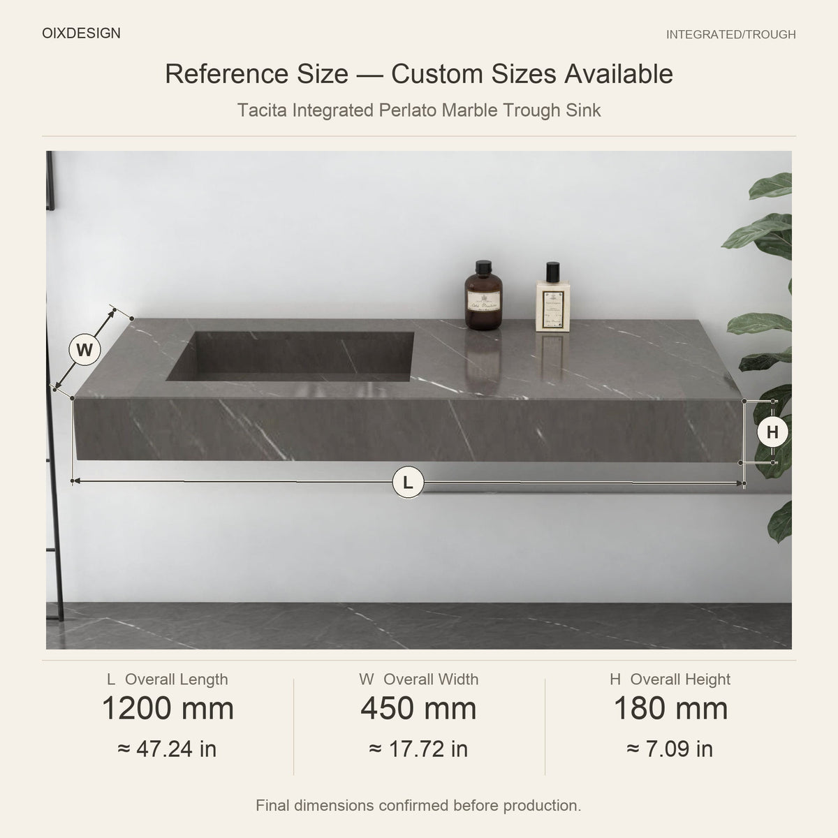 Tacita Integrated Perlato Marble Trough Sink reference overall dimensions in millimeters and inches