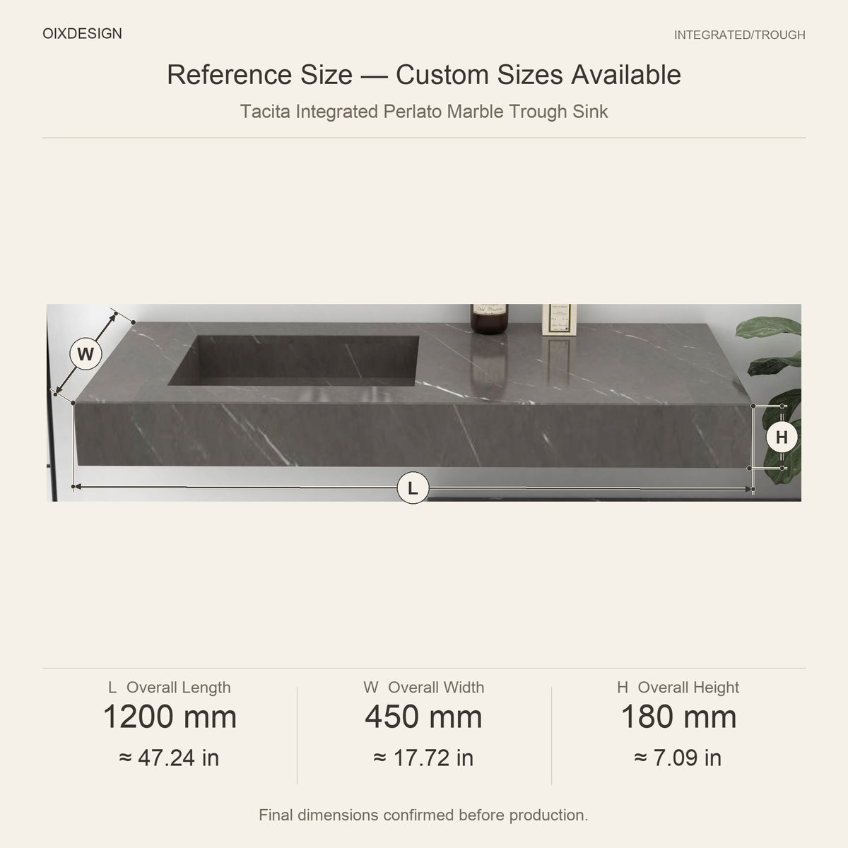 Tacita Integrated Perlato Marble Trough Sink reference overall dimensions in millimeters and inches