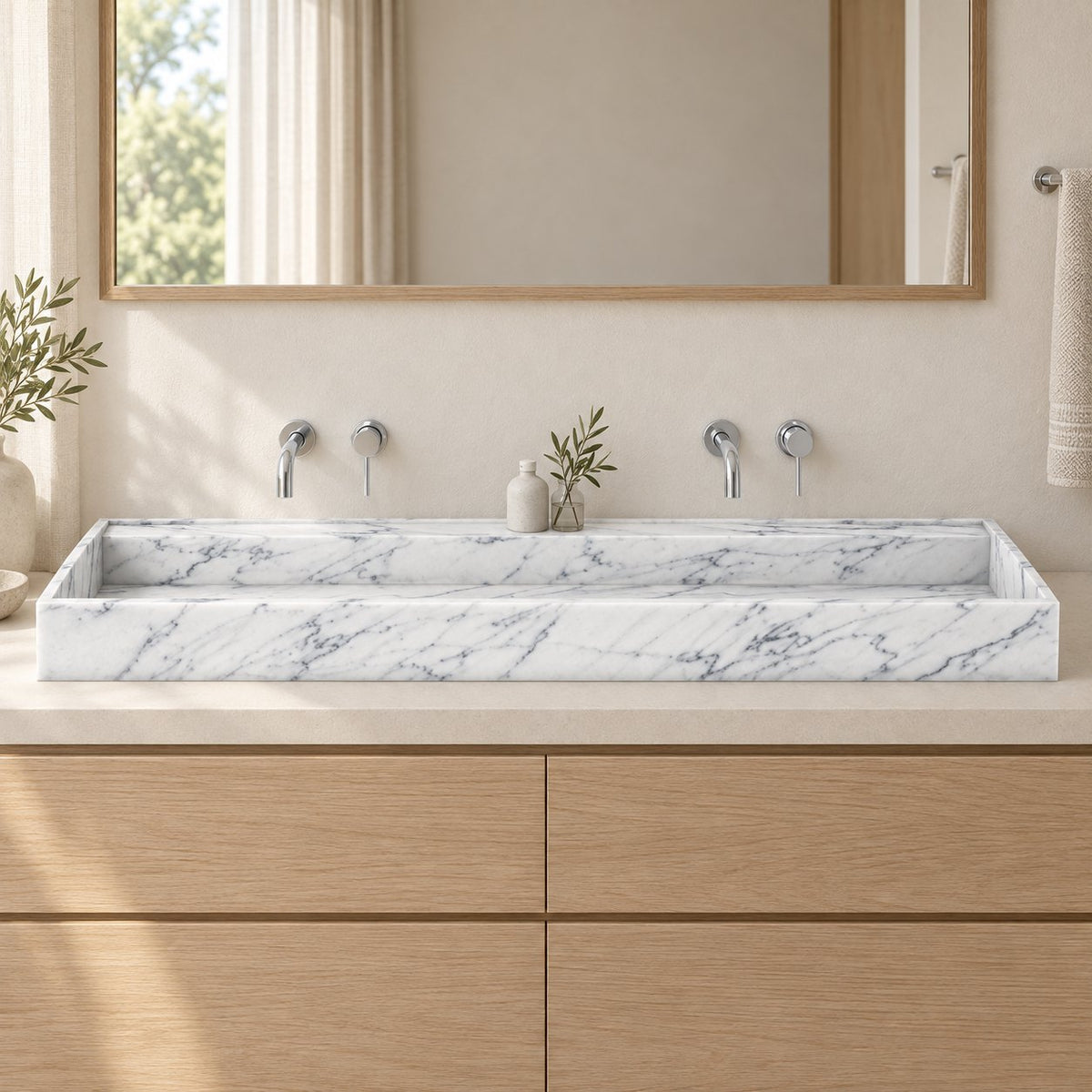 Tahira Integrated Carrara Marble Trough Sink — complete low frontal bathroom lifestyle