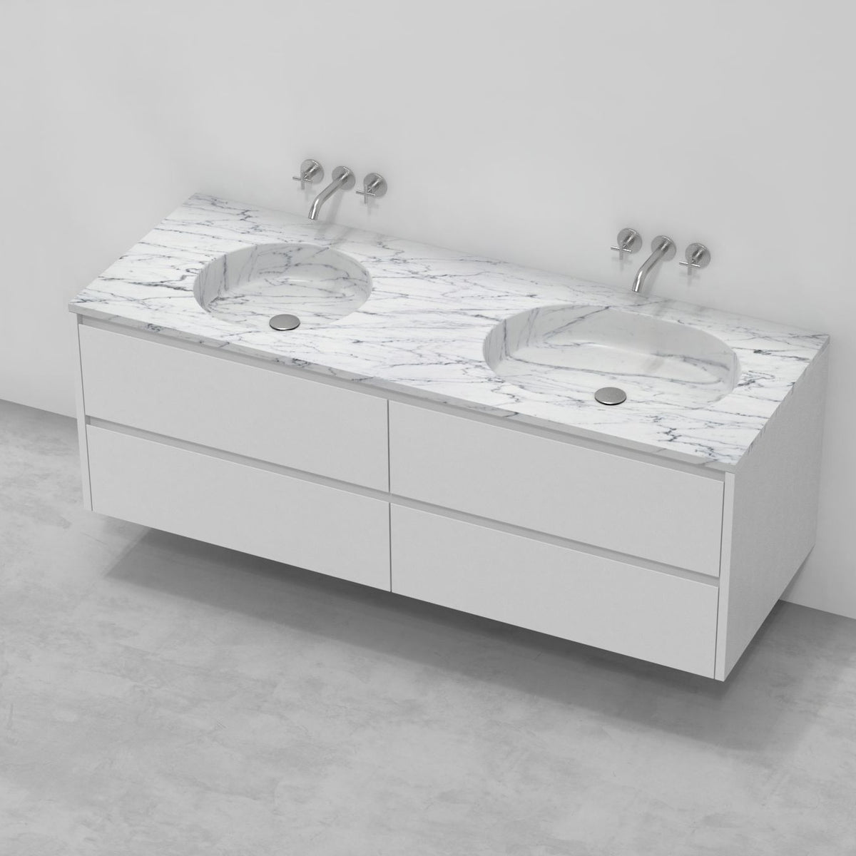 Taika Carrara White Marble Integrated Basin — three-quarter bathroom view showing the complete basin