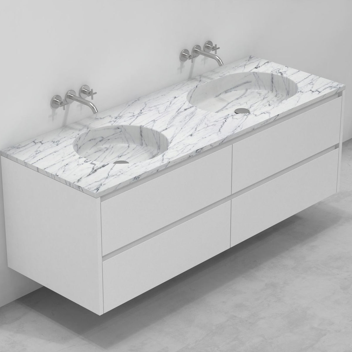 Taika Carrara White Marble Integrated Basin — alternate bathroom angle showing the bowl and surrounding stone