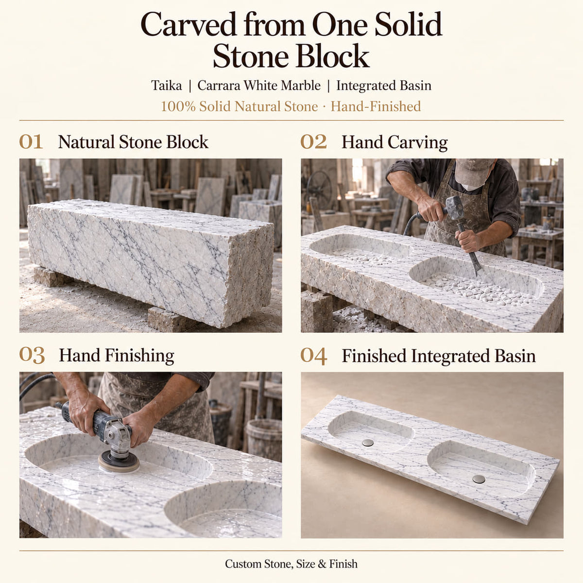 Taika Carrara White Marble integrated double basin carved from one solid stone block, with hand carving, hand finishing and the finished sink.