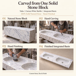 Taika Carrara White Marble integrated double basin carved from one solid stone block, with hand carving, hand finishing and the finished sink.