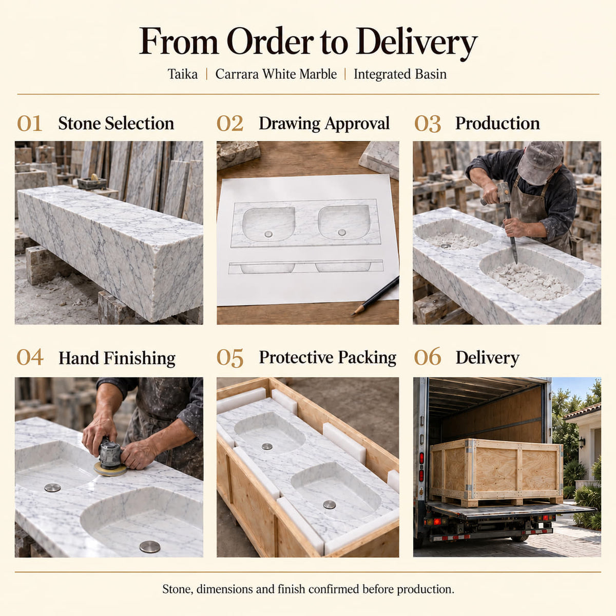 Taika Carrara White Marble integrated double basin from stone selection and drawing approval through hand carving, finishing, protective packing and delivery.