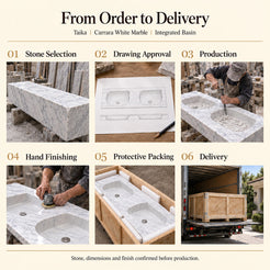 Taika Carrara White Marble integrated double basin from stone selection and drawing approval through hand carving, finishing, protective packing and delivery.