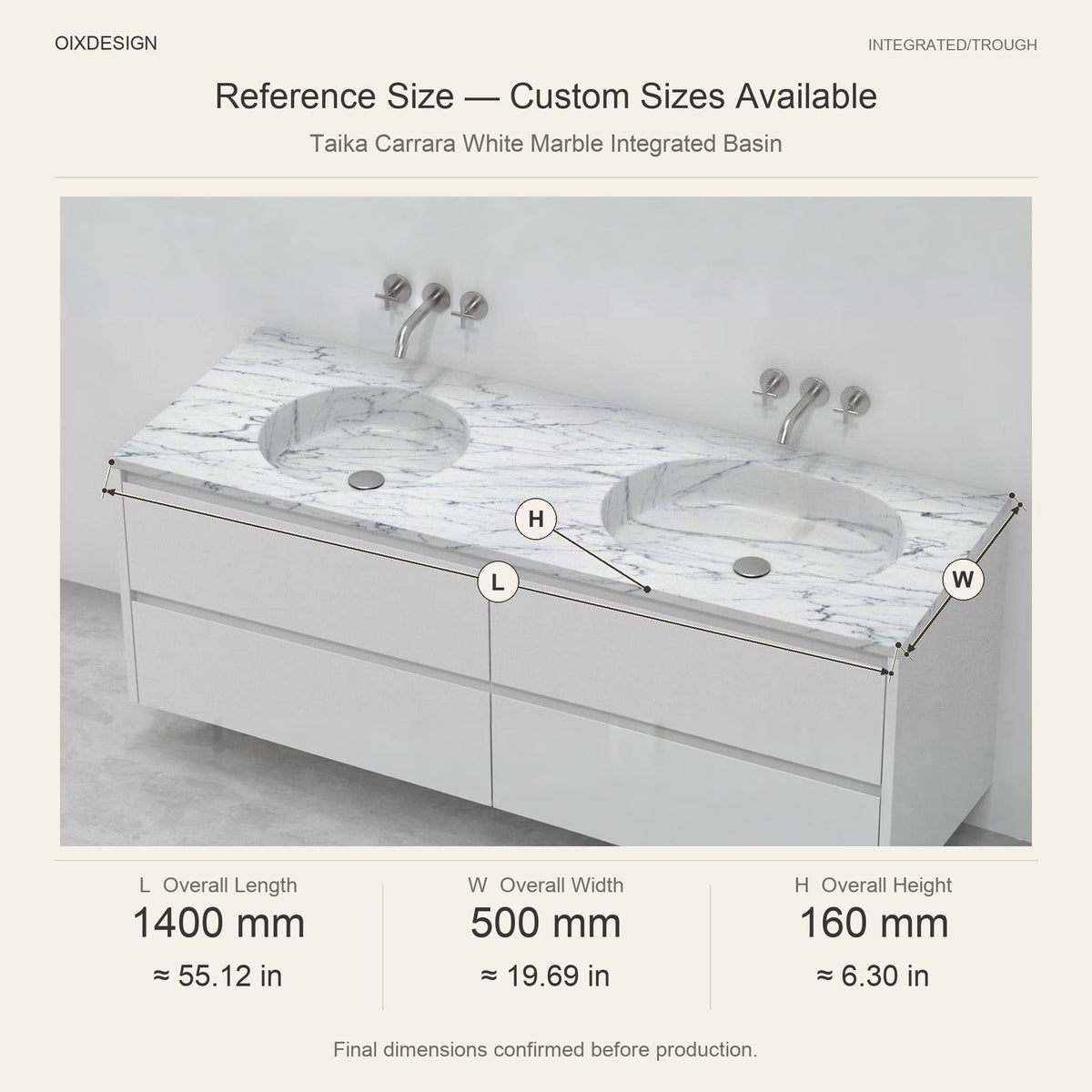 Taika Carrara White Marble Integrated Basin reference overall dimensions in millimeters and inches