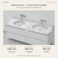 Taika Carrara White Marble Integrated Basin reference overall dimensions in millimeters and inches
