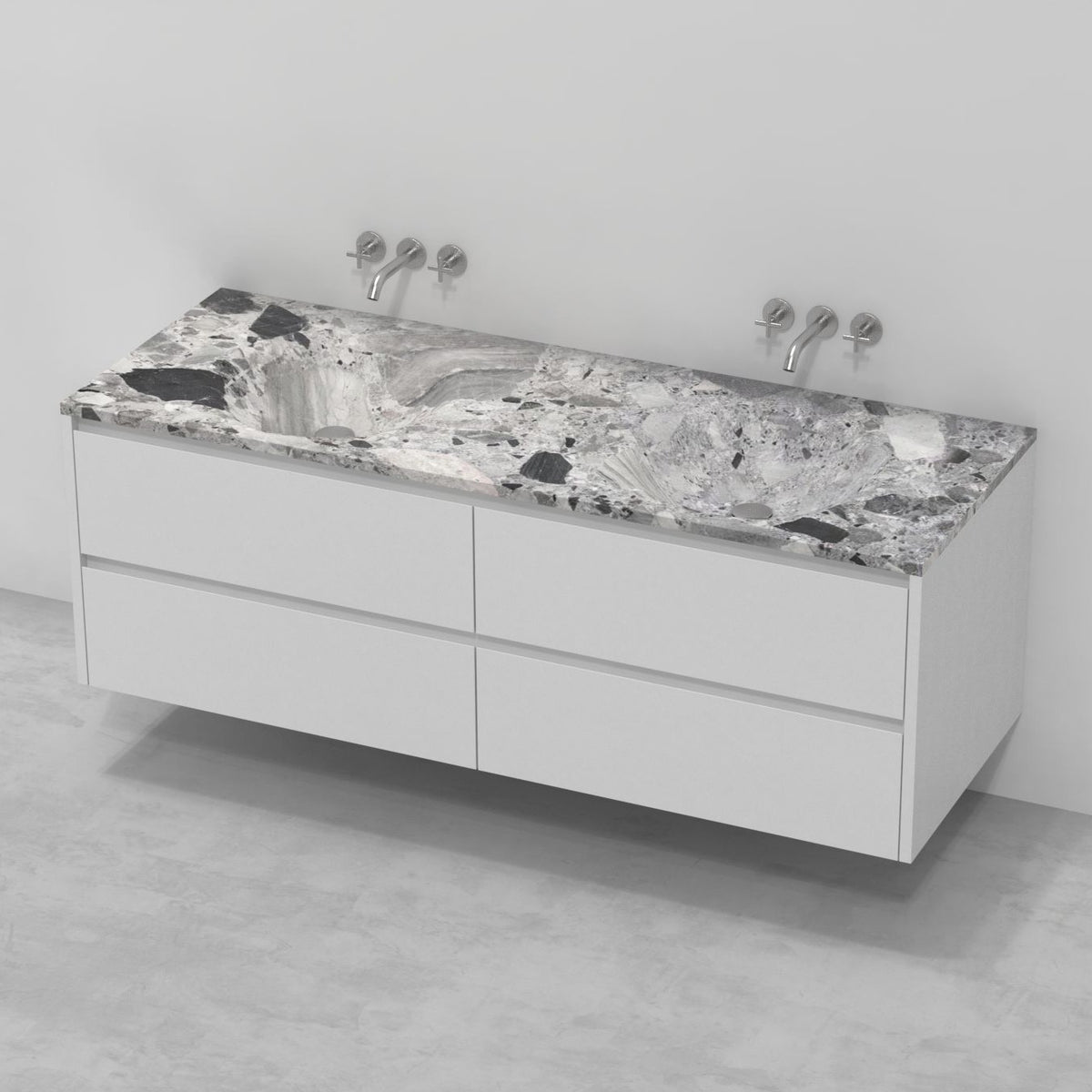 Taimi Carnico Marble Integrated Basin — three-quarter bathroom view showing the complete basin
