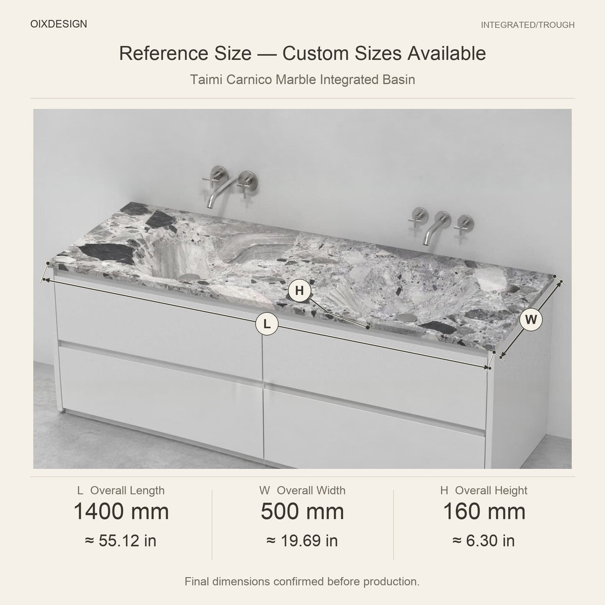 Taimi Carnico Marble Integrated Basin reference overall dimensions in millimeters and inches