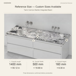 Taimi Carnico Marble Integrated Basin reference overall dimensions in millimeters and inches
