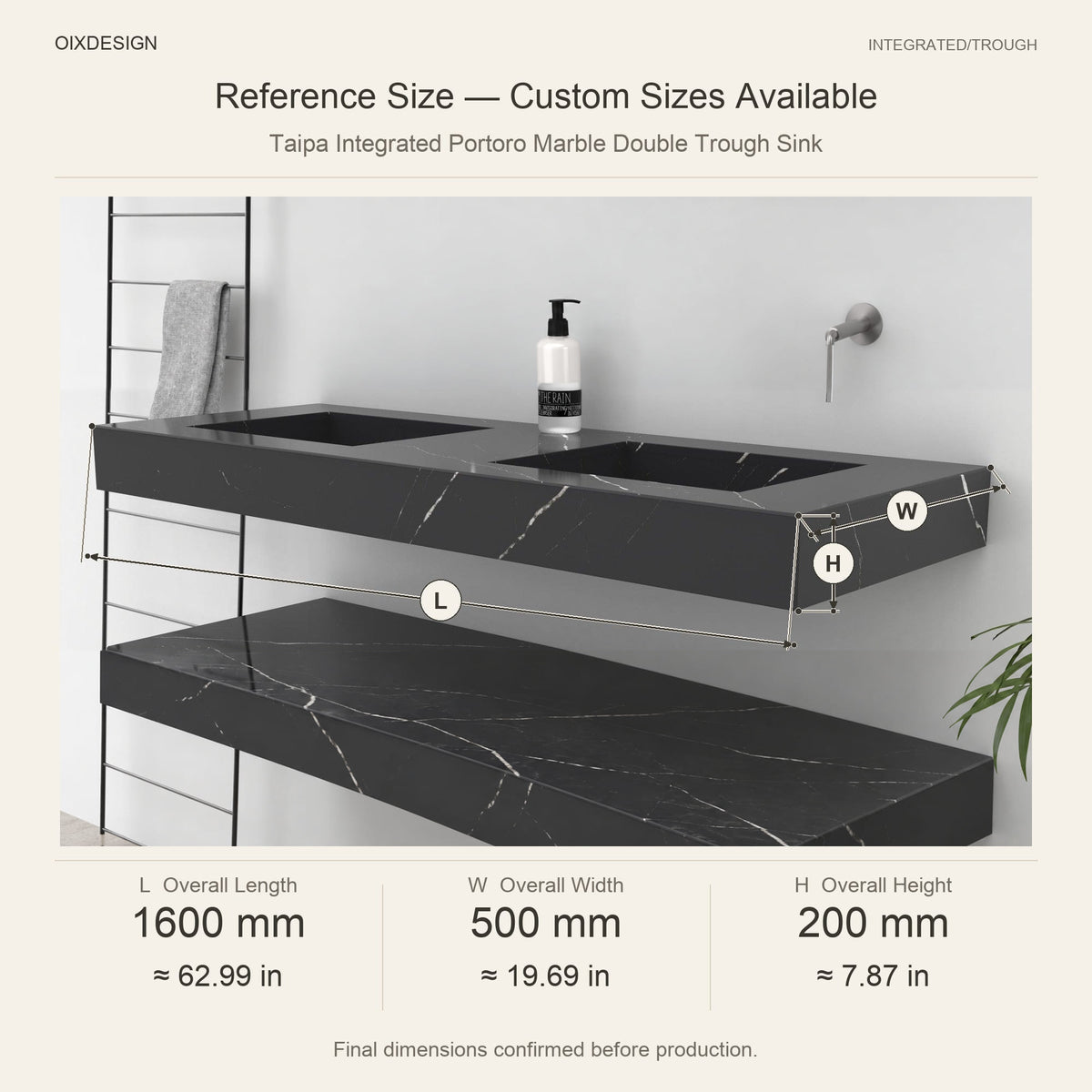 Taipa Integrated Portoro Marble Double Trough Sink reference overall dimensions in millimeters and inches